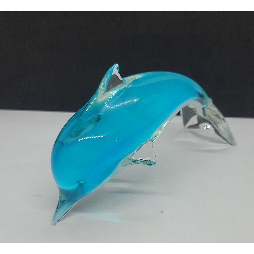 Hand Blown Art Glass Blue Jumping Dolphin Figurine Paperweight Home Decor Beach